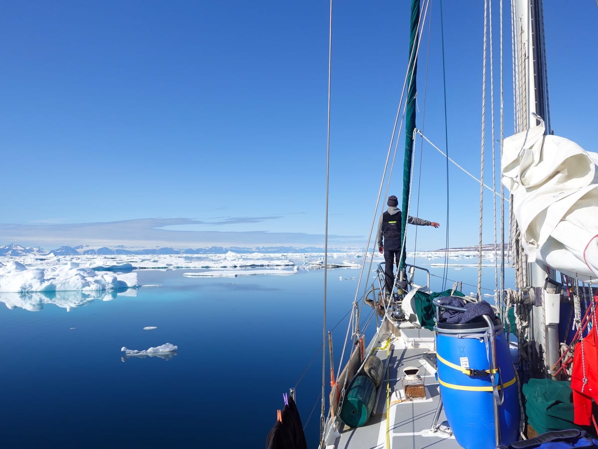 Fjord navigation among ice and mountain walls.